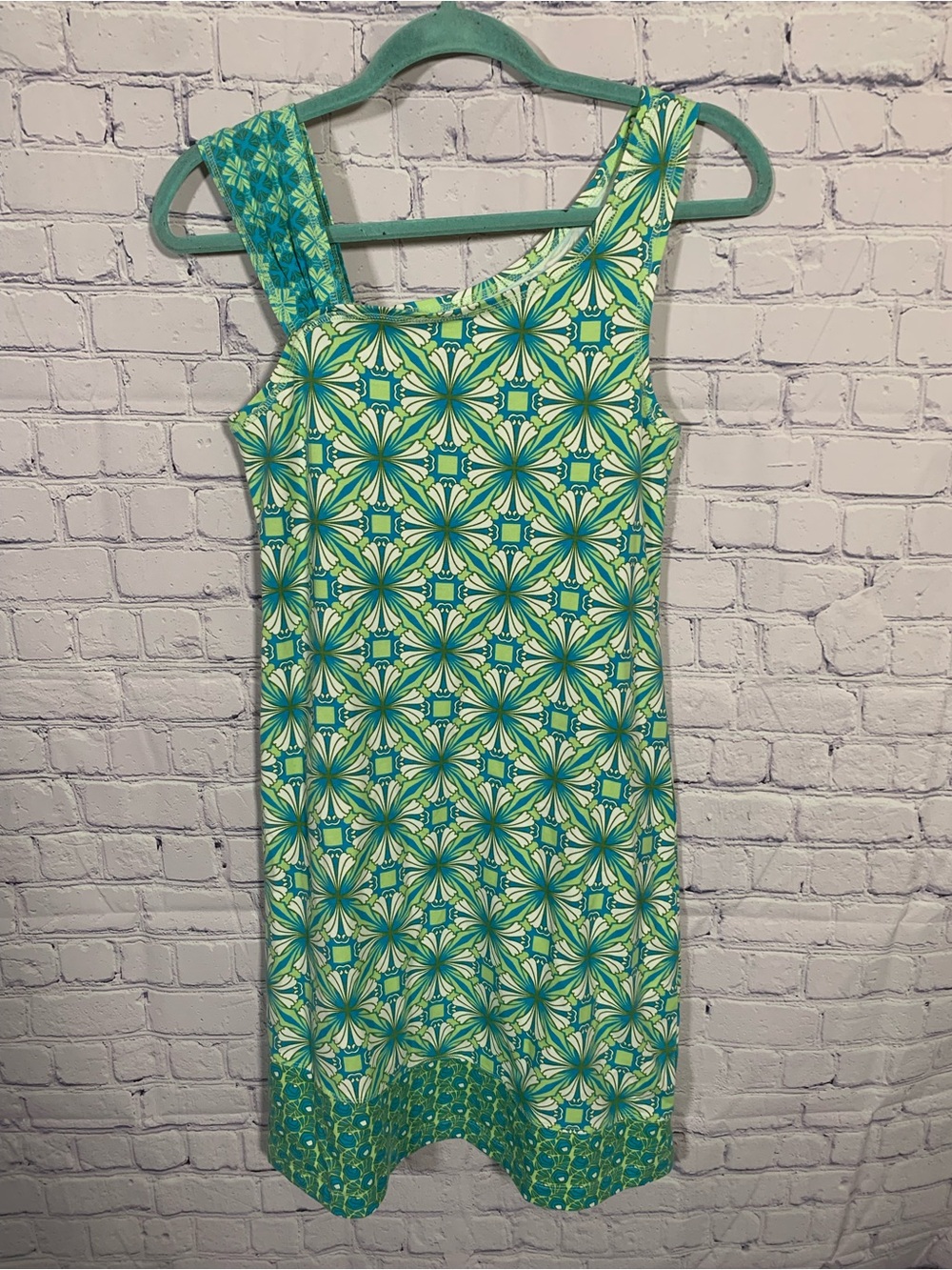 Title Nine Womens Asymmetrical Tile Print Sleeveless Mini Dress Green Blue Sz S